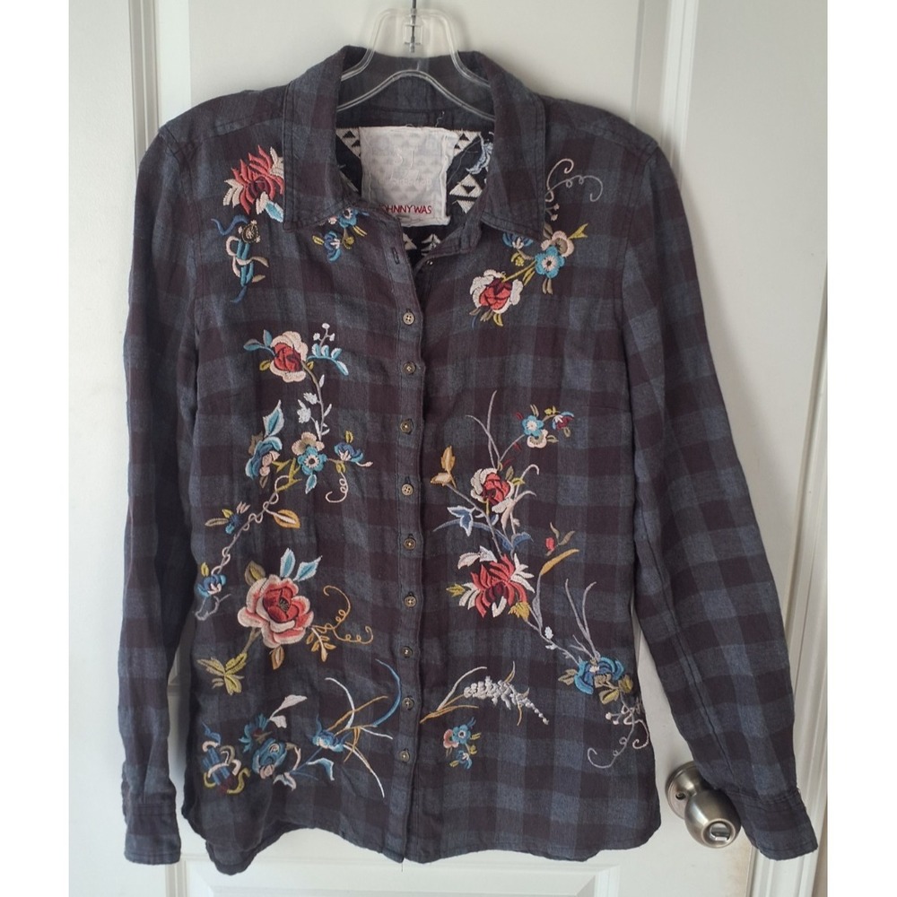 Johnny Was Embroidered Plaid Button Up Shirt Women's Small‎ Boho Western